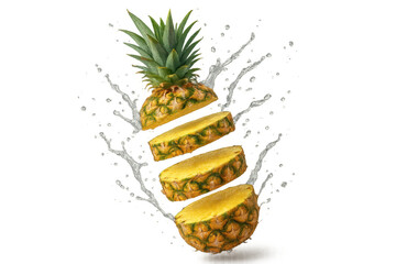 Poster - Ripe pineapple wedges splashing through crystal-clear water droplets, emphasizing vibrant, refreshing tropical fruit texture