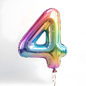 A balloon shaped like the number 4,holographic metallic finish with realistic reflections and smooth texture.