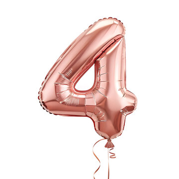 A balloon shaped like the number 4,rose gold metallic finish with realistic reflections and smooth texture.