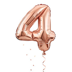 Aufkleber - A balloon shaped like the number 4,rose gold metallic finish with realistic reflections and smooth texture.