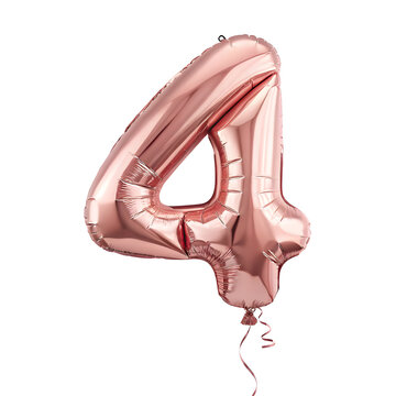 A balloon shaped like the number 4,rose gold metallic finish with realistic reflections and smooth texture.