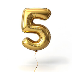 Aufkleber - A balloon shaped like the number 5,gold metallic finish with realistic reflections and smooth texture.
