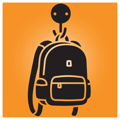 Fototapete - Vector illustration of a black backpack hanging on a black hanger with orange background