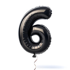 Aufkleber - A balloon shaped like the number 6,matte black metallic finish with realistic reflections and smooth texture.