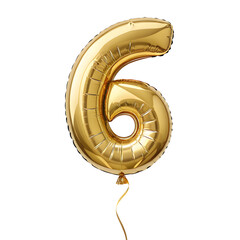 Aufkleber - A balloon shaped like the number 6,gold metallic finish with realistic reflections and smooth texture.
