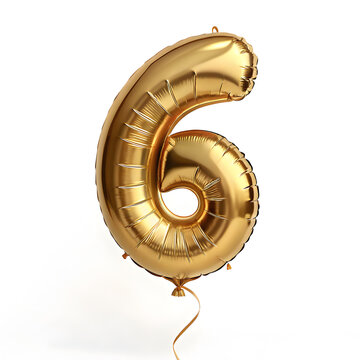 A balloon shaped like the number 6,gold metallic finish with realistic reflections and smooth texture.