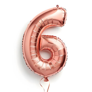 A balloon shaped like the number 6,rose gold metallic finish with realistic reflections and smooth texture.