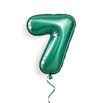 A balloon shaped like the number 7,emerald green metallic finish with realistic reflections and smooth texture.