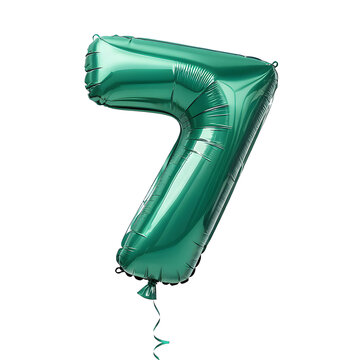 A balloon shaped like the number 7,emerald green metallic finish with realistic reflections and smooth texture.