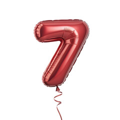 Aufkleber - A balloon shaped like the number 7,glossy red metallic finish with realistic reflections and smooth texture.