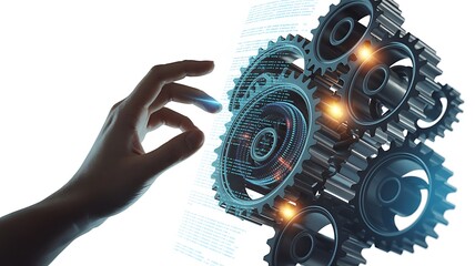 Hand interacting with digital gears and code