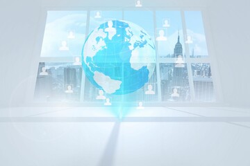 Poster - Flat design holographic globe is floating in modern office space, with user icons and network lines