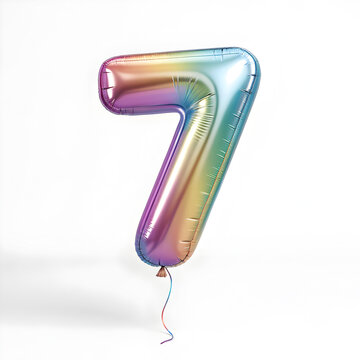 A balloon shaped like the number 7,holographic metallic finish with realistic reflections and smooth texture.