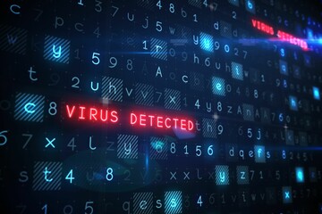 Poster - Flat design interface showing red neon virus detected alert amid alphanumeric grid and blue squares