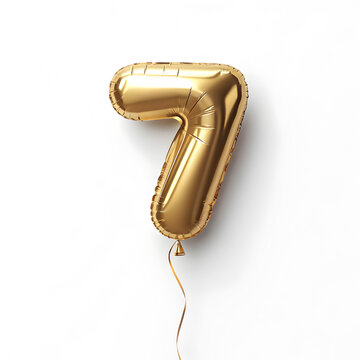 A balloon shaped like the number 7 ,gold metallic finish with realistic reflections and smooth texture.