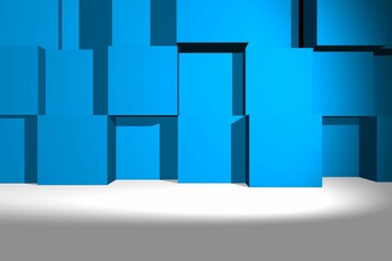 Poster - Staggered blue cubes are being shown in abstract 3D studio design with white floor shadows