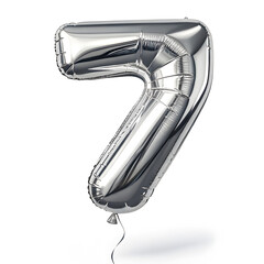 Aufkleber - A balloon shaped like the number 7 ,silver metallic finish with realistic reflections and smooth texture.