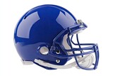 Shiny blue football helmet, profile view,  classic design, white facemask, isolated on white