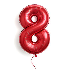 Aufkleber - A balloon shaped like the number 8,glossy red metallic finish with realistic reflections and smooth texture.