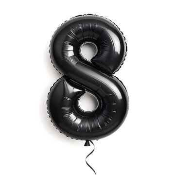 A balloon shaped like the number 8,matte black metallic finish with realistic reflections and smooth texture.