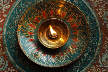 a burning candle in a brass bowl adorned with intricate artistic design and ornamentation