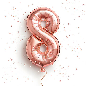 A balloon shaped like the number 8 ,rose gold metallic finish with realistic reflections and smooth texture.