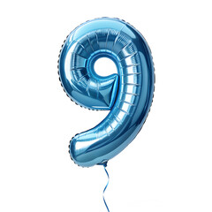 Aufkleber - A balloon shaped like the number 9, chrome blue metallic finish with realistic reflections and smooth texture.