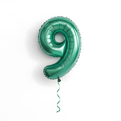 Aufkleber - A balloon shaped like the number 9,emerald green metallic finish with realistic reflections and smooth texture.