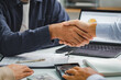 © Wanan - Professional business handshake during financial consultation with advisor, partnership agreement at meeting table with charts and documents