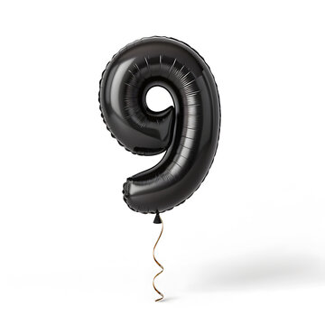 A balloon shaped like the number 9,matte black metallic finish with realistic reflections and smooth texture.