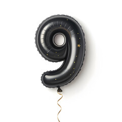 Aufkleber - A balloon shaped like the number 9,matte black metallic finish with realistic reflections and smooth texture.