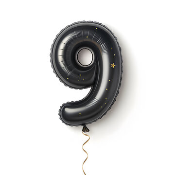 A balloon shaped like the number 9,matte black metallic finish with realistic reflections and smooth texture.