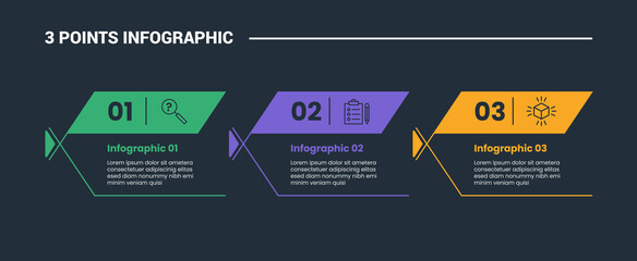 Aufkleber - 3 stage infographic process diagram with fish box container with thick header and open cut box with dark background bright outline style vector