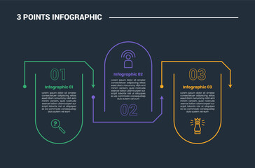 Aufkleber - 3 stage infographic process diagram with open round rectangle box container up and down with dark background bright outline style vector