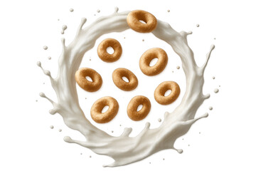 Poster - Cereal rings cascading through milky splash, creating dynamic breakfast scene against clean transparent backdrop