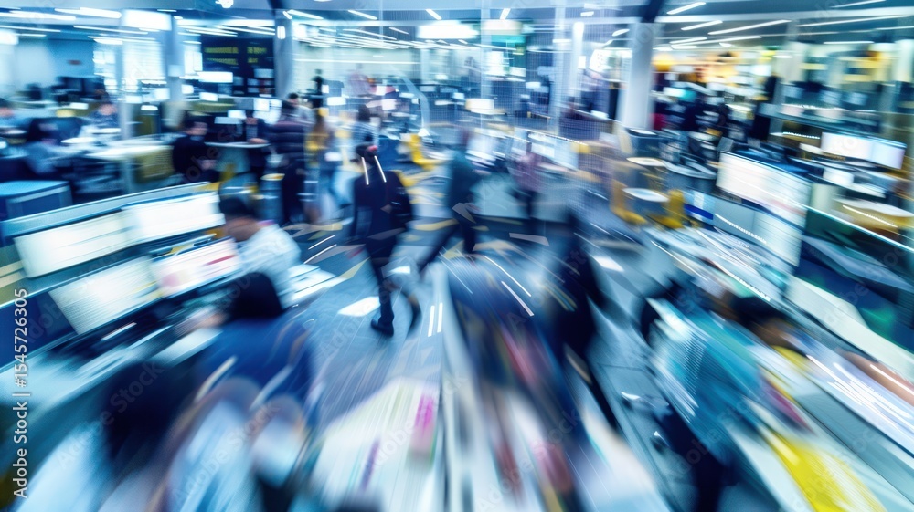 On Phone Rushing ภาพถ่าย Stock Walking people crowded and bustling office floor with ...