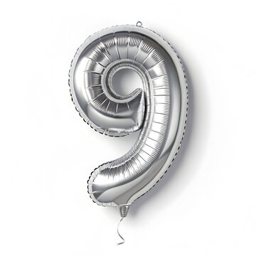 A balloon shaped like the number 9 ,silver metallic finish with realistic reflections and smooth texture.