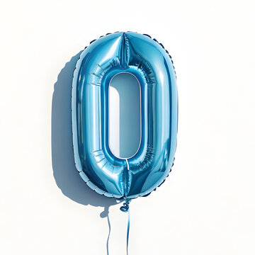 A balloon shaped like the number 0, chrome blue finish with realistic reflections and glossy texture.