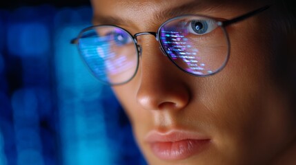 close-up of a focused programmer examining code displayed on a screen in a modern tech environment