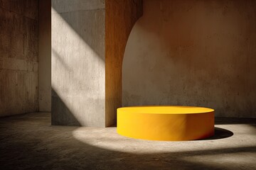 Aufkleber - Sunlit concrete room features a vibrant yellow cylindrical platform; shadows accentuate its form and the textured walls