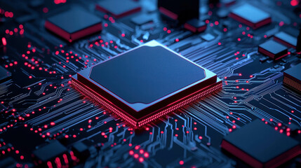 Poster - Abstract close-up of a futuristic circuit board with glowing red components and intricate electronic pathways showcasing technology and innovation