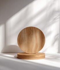 Aufkleber - Light-drenched corner features a circular wooden display stand with a smaller, circular base.  Subtle shadows accentuate the wood grain