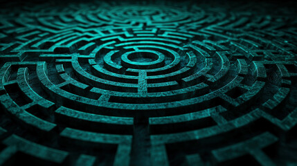 Poster - Intricate Circular Maze Design with Abstract Patterns in Deep Teal Color Featuring Shadows and Depth for Creative Concepts and Visual Art Projects