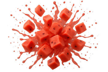 Poster - Fresh watermelon cubes exploding with a vibrant juice splash, creating a refreshing summer image on a transparent background