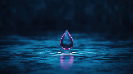 Poster - Vibrant Water Drop in Dark Blue Background with Gentle Ripples and Neon Glow Effect, Perfect for Artistic and Atmospheric Visuals