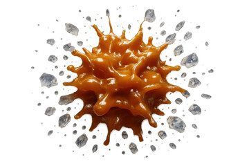 Poster - Caramel is splashing with ice on a transparent background, perfect for food and beverage advertising