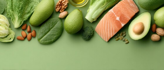 Aufkleber - Moody Editorial Keto Diet Layout with Fish, Avocado, Nuts, Seeds, and Leafy Greens on Matte Green Surface for Health and Wellness Promotion
