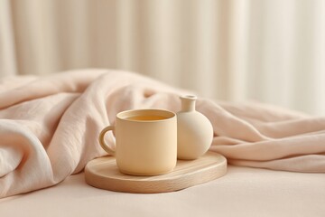 Poster - Minimalist Wellness Bedroom with Soft Linen Bedding, Herbal Tea Mug and Ceramic Diffuser on Wooden Tray - Calm, Natural Textures for Modern Sleep Sanctuary