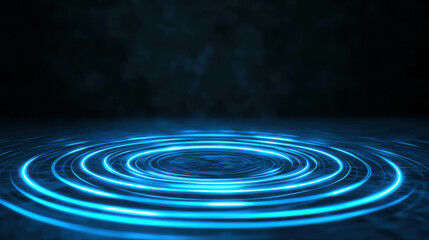 Poster - Blue Light Ripple Effect in Dark Background, Abstract Design with Circular Waves, Glowing Rings Creating Luminescent Visual Depth and Movement