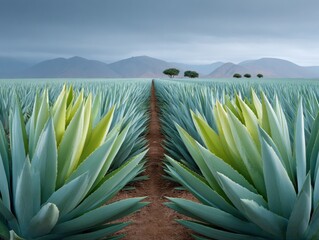 Poster - Sustainable agave plantation with geometric rows on rolling hills in soft pastel tones - eco agriculture marketing with dreamy, ethereal natural light